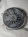 Handmade Black and White Round Flower Zipper Purse, Crossbody Round Embroidered Purse