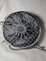 Handmade Black and White Round Flower Zipper Purse, Crossbody Round Embroidered Purse